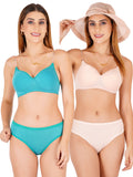 Padded Bra Panty Set With Transparent And Bra Color Strap (Pack Of 2)