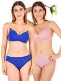 Padded Bra Panty Set With Transparent And Bra Color Strap (Pack Of 2)