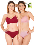 Padded Bra Panty Set With Transparent And Bra Color Strap (Pack Of 2)