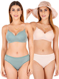 Padded Bra Panty Set With Transparent And Bra Color Strap (Pack Of 2)
