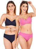 Padded Bra Panty Set With Transparent And Bra Color Strap (Pack Of 2)