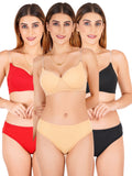 Padded Bra Panty Set With Transparent And Bra Color Strap (Pack Of 3)
