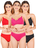Padded Bra Panty Set With Transparent And Bra Color Strap (Pack Of 3)