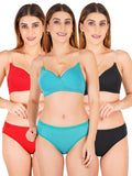 Padded Bra Panty Set With Transparent And Bra Color Strap (Pack Of 3)