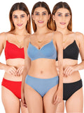 Padded Bra Panty Set With Transparent And Bra Color Strap (Pack Of 3)