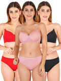 Padded Bra Panty Set With Transparent And Bra Color Strap (Pack Of 3)