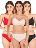 Padded Bra Panty Set With Transparent And Bra Color Strap (Pack Of 3)