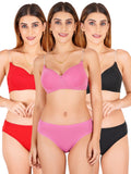 Padded Bra Panty Set With Transparent And Bra Color Strap (Pack Of 3)