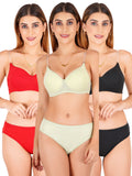Padded Bra Panty Set With Transparent And Bra Color Strap (Pack Of 3)
