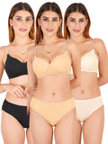 Padded Bra Panty Set With Transparent And Bra Color Strap (Pack Of 3)
