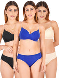 Padded Bra Panty Set With Transparent And Bra Color Strap (Pack Of 3)