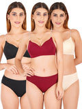 Padded Bra Panty Set With Transparent And Bra Color Strap (Pack Of 3)