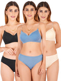 Padded Bra Panty Set With Transparent And Bra Color Strap (Pack Of 3)