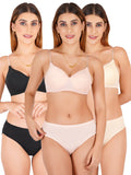 Padded Bra Panty Set With Transparent And Bra Color Strap (Pack Of 3)