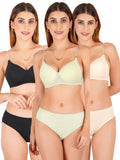 Padded Bra Panty Set With Transparent And Bra Color Strap (Pack Of 3)