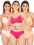 Padded Bra Panty Set With Transparent And Bra Color Strap (Pack Of 3)