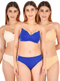 Padded Bra Panty Set With Transparent And Bra Color Strap (Pack Of 3)