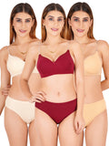 Padded Bra Panty Set With Transparent And Bra Color Strap (Pack Of 3)