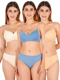 Padded Bra Panty Set With Transparent And Bra Color Strap (Pack Of 3)