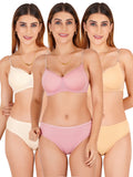 Padded Bra Panty Set With Transparent And Bra Color Strap (Pack Of 3)