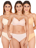 Padded Bra Panty Set With Transparent And Bra Color Strap (Pack Of 3)