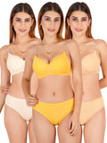 Padded Bra Panty Set With Transparent And Bra Color Strap (Pack Of 3)