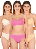 Padded Bra Panty Set With Transparent And Bra Color Strap (Pack Of 3)