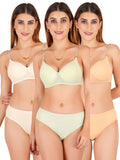 Padded Bra Panty Set With Transparent And Bra Color Strap (Pack Of 3)