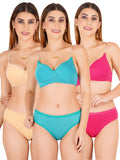 Padded Bra Panty Set With Transparent And Bra Color Strap (Pack Of 3)