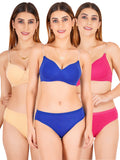 Padded Bra Panty Set With Transparent And Bra Color Strap (Pack Of 3)