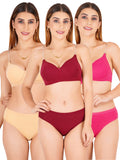 Padded Bra Panty Set With Transparent And Bra Color Strap (Pack Of 3)