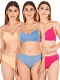 Padded Bra Panty Set With Transparent And Bra Color Strap (Pack Of 3)