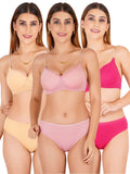 Padded Bra Panty Set With Transparent And Bra Color Strap (Pack Of 3)