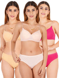 Padded Bra Panty Set With Transparent And Bra Color Strap (Pack Of 3)