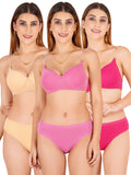 Padded Bra Panty Set With Transparent And Bra Color Strap (Pack Of 3)