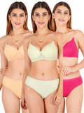 Padded Bra Panty Set With Transparent And Bra Color Strap (Pack Of 3)