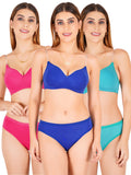 Padded Bra Panty Set With Transparent And Bra Color Strap (Pack Of 3)