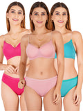 Padded Bra Panty Set With Transparent And Bra Color Strap (Pack Of 3)