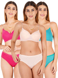 Padded Bra Panty Set With Transparent And Bra Color Strap (Pack Of 3)