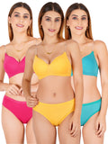 Padded Bra Panty Set With Transparent And Bra Color Strap (Pack Of 3)