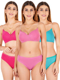 Padded Bra Panty Set With Transparent And Bra Color Strap (Pack Of 3)