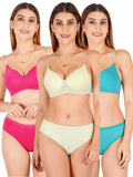 Padded Bra Panty Set With Transparent And Bra Color Strap (Pack Of 3)