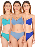 Padded Bra Panty Set With Transparent And Bra Color Strap (Pack Of 3)