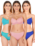 Padded Bra Panty Set With Transparent And Bra Color Strap (Pack Of 3)