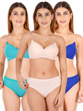 Padded Bra Panty Set With Transparent And Bra Color Strap (Pack Of 3)