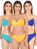 Padded Bra Panty Set With Transparent And Bra Color Strap (Pack Of 3)