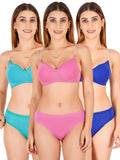 Padded Bra Panty Set With Transparent And Bra Color Strap (Pack Of 3)