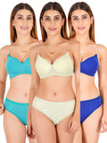 Padded Bra Panty Set With Transparent And Bra Color Strap (Pack Of 3)