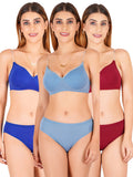 Padded Bra Panty Set With Transparent And Bra Color Strap (Pack Of 3)