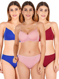 Padded Bra Panty Set With Transparent And Bra Color Strap (Pack Of 3)